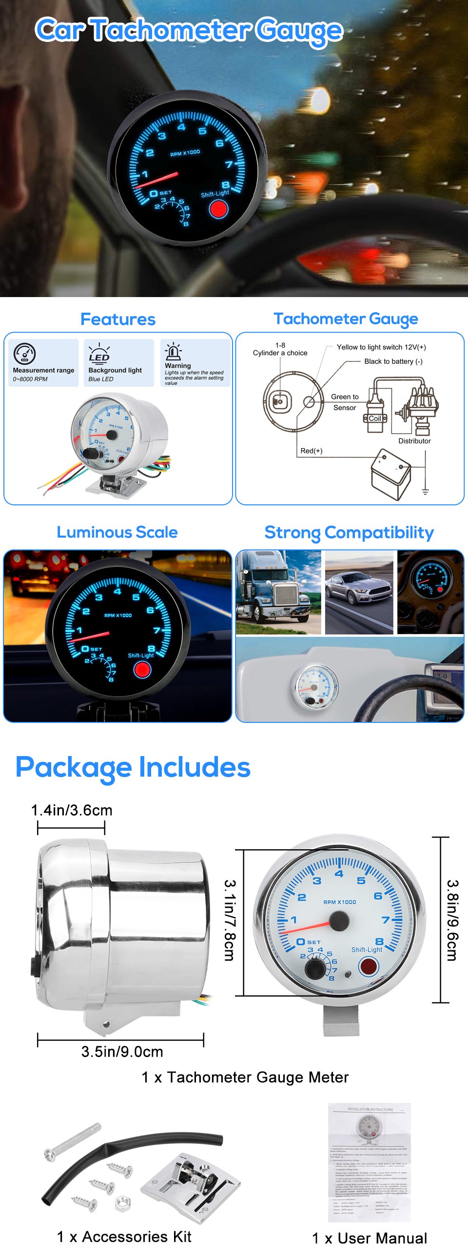 3.75" Tachometer Blue Backlight LED Shift Light 0-8000RPM