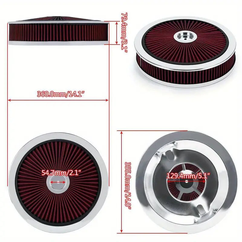 14" x 3" Round Red Washable Air Cleaner w/Chrome Trim