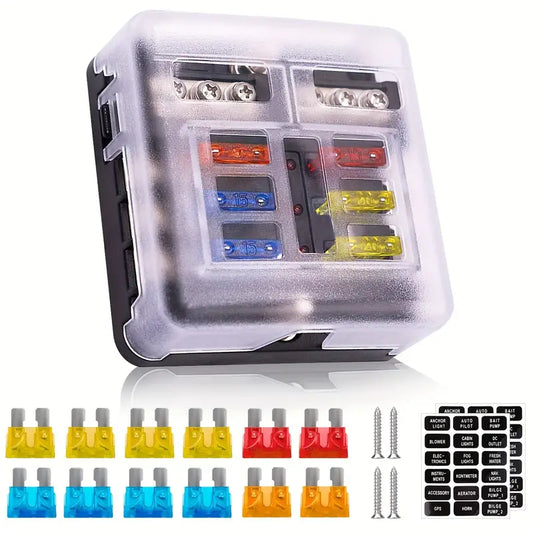12V 6 Way Fuse Block Panel with LED Warning Indicators with Fuses