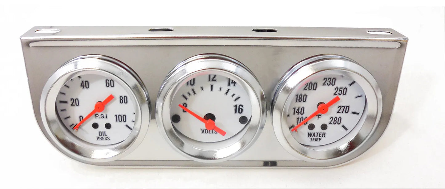 2" Chrome Triple Gauge Kit Oil/Voltage/Water